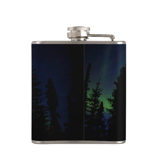 Elch-Silhouette in den Waldnordlichtern Flachmann (Rückseite)