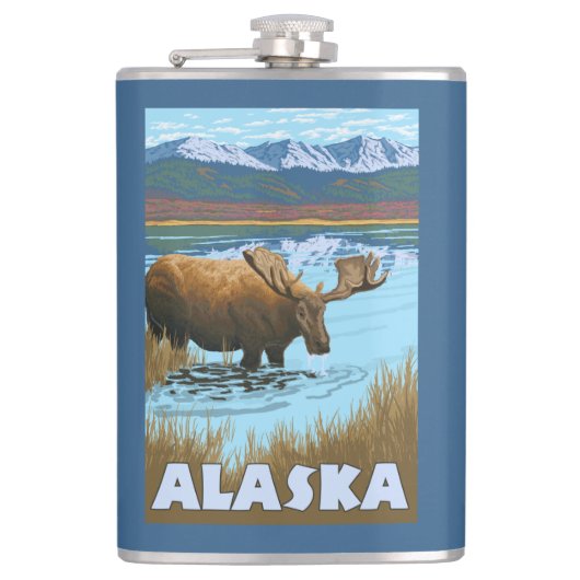 Elch-Trinkwasser-Vintages Reise-Plakat Flachmann (Vorderseite)