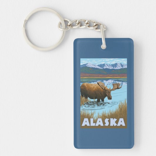 Elch-Trinkwasser-Vintages Reise-Plakat Schlüsselanhänger (Vorderseite)
