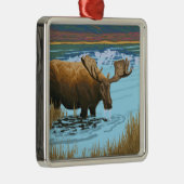 Elch-Trinkwasser-Vintages Reise-Plakat Silbernes Ornament (Rechts)