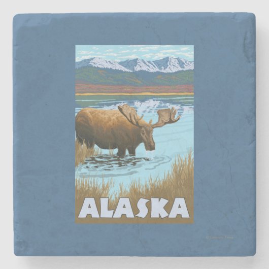 Elch-Trinkwasser-Vintages Reise-Plakat Steinuntersetzer (Vorderseite)