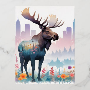 Elch Vintage-Tier Natur Wald Blumen Kunst Folien Feiertagspostkarte