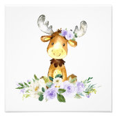 Elch, Waldtiere, Boho, violette Blumen Fotodruck (Vorne)