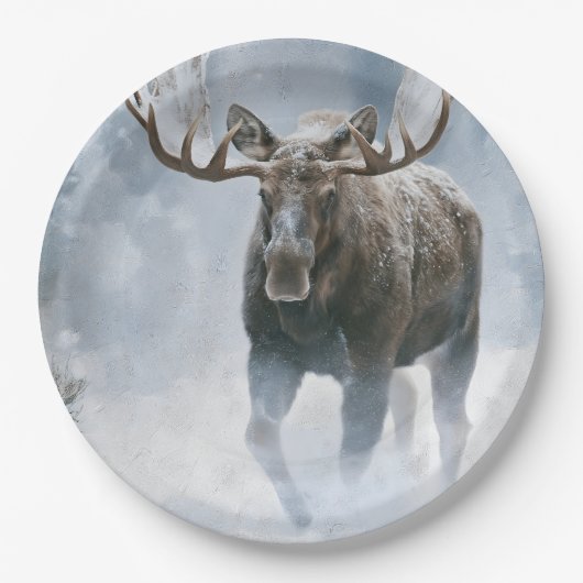 Elchbulle durchquert borealen Schnee Pappteller (Vorderseite)