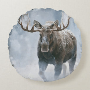 Elchbulle durchquert borealen Schnee Rundes Kissen