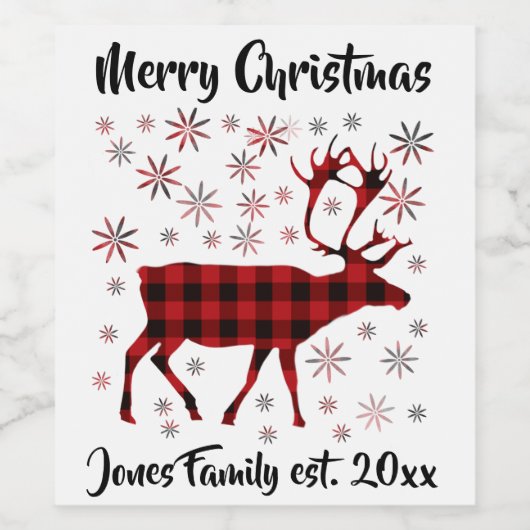 Elchdesign, Schneeflocken, kariertes rotes Büffel Weinetikett (Einzelnes Label)