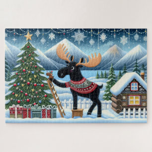 Elche, die einen Weihnachtsbaum mit Bergen schmück Puzzle