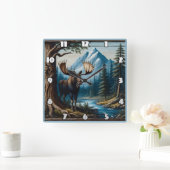 Elche durch Fluss mit Bergen hinter Quadratische Wanduhr (Zuhause)