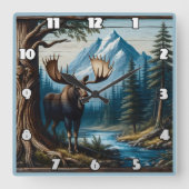Elche durch Fluss mit Bergen hinter Quadratische Wanduhr (Vorderseite)