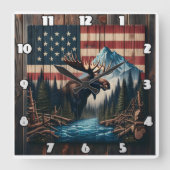 Elche gegen amerikanische Flagge und Berglandschaf Quadratische Wanduhr (Vorderseite)