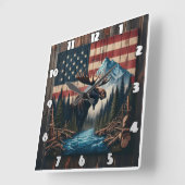 Elche gegen amerikanische Flagge und Berglandschaf Quadratische Wanduhr (Winkel)