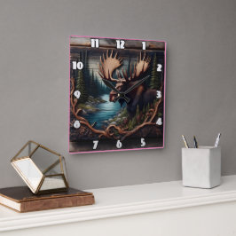 Elche im Wald Durch den Fluss bei Dämmerung Quadratische Wanduhr