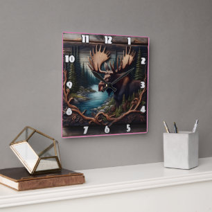 Elche im Wald Durch den Fluss bei Dämmerung Quadratische Wanduhr