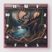 Elche im Wald Durch den Fluss bei Dämmerung Quadratische Wanduhr (Vorderseite)