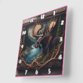 Elche im Wald Durch den Fluss bei Dämmerung Quadratische Wanduhr (Winkel)