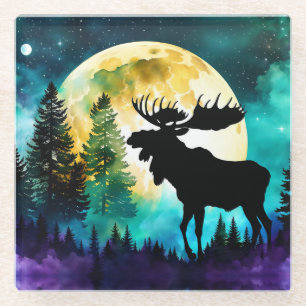 Elche im Wald Vollmond Glasuntersetzer