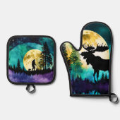 Elche im Wald Vollmond Ofenhandschuh & Topflappen-Set (Vorderseite)