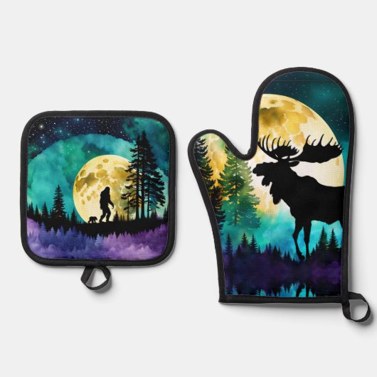 Elche im Wald Vollmond Ofenhandschuh & Topflappen-Set (Vorderseite)