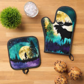 Elche im Wald Vollmond Ofenhandschuh & Topflappen-Set (Oben Unten)