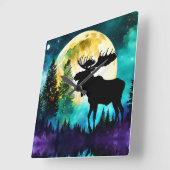Elche im Wald Vollmond Quadratische Wanduhr (Winkel)
