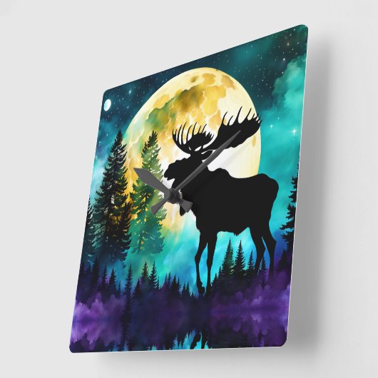 Elche im Wald Vollmond Quadratische Wanduhr (Winkel)