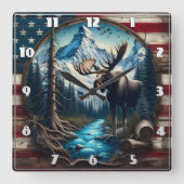 Elche in der Berglandschaft mit amerikanischer Fla Quadratische Wanduhr (Vorderseite)