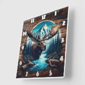 Elche in der Berglandschaft mit Fluss und Bäumen Quadratische Wanduhr (Winkel)