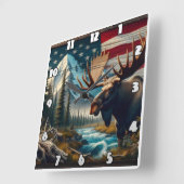 Elche in der Nähe des Flusses mit Bergen und Flagg Quadratische Wanduhr (Winkel)