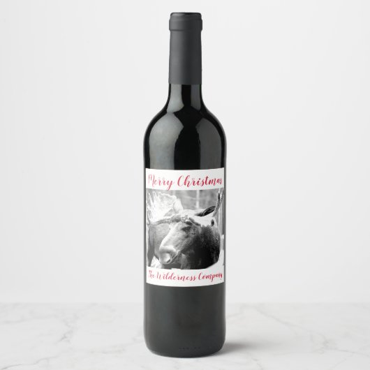 Elche in schneefröhlicher Weihnachts-Winterlandsch Weinetikett (Vorderseite)