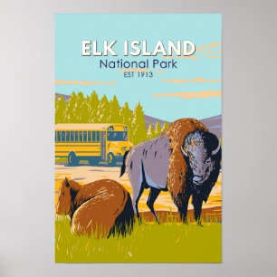 Elche Island National Park Canada Bison Vintag Poster