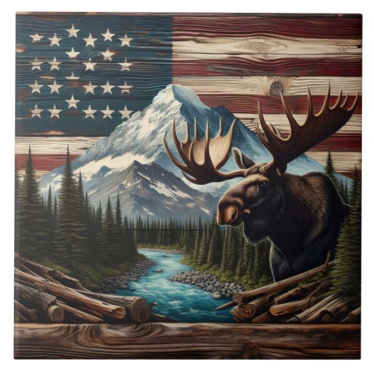 Elche mit Bergen und Flaggen Hintergrund Fliese (Vorderseite)
