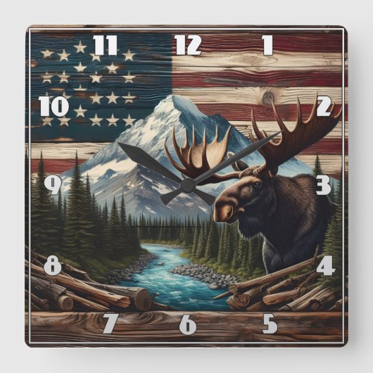 Elche mit Bergen und Flaggen Hintergrund Quadratische Wanduhr (Vorderseite)