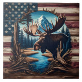 Elche vor Berg und amerikanischer Flagge Fliese (Vorderseite)