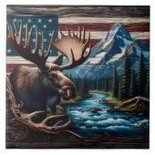 Elche vor Berg und amerikanischer Flagge Fliese (Vorderseite)
