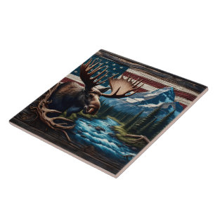 Elche vor Berg und amerikanischer Flagge Fliese