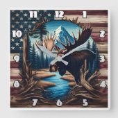 Elche vor Berg und amerikanischer Flagge Quadratische Wanduhr (Vorderseite)