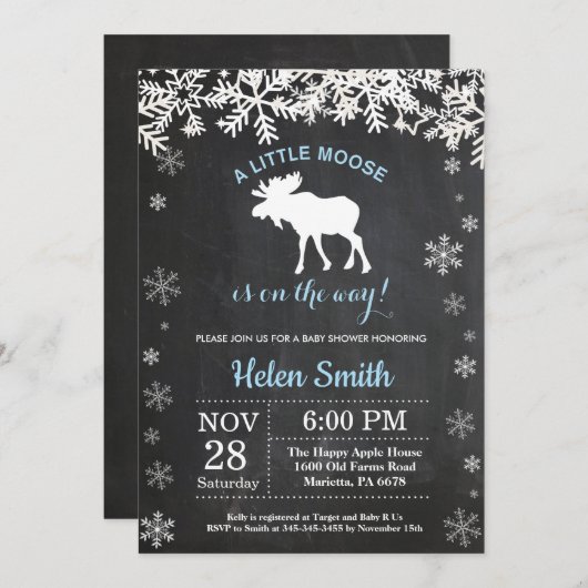 Elche Winter Snowflake Boy Kinderdusche Einladung (Vorne/Hinten)