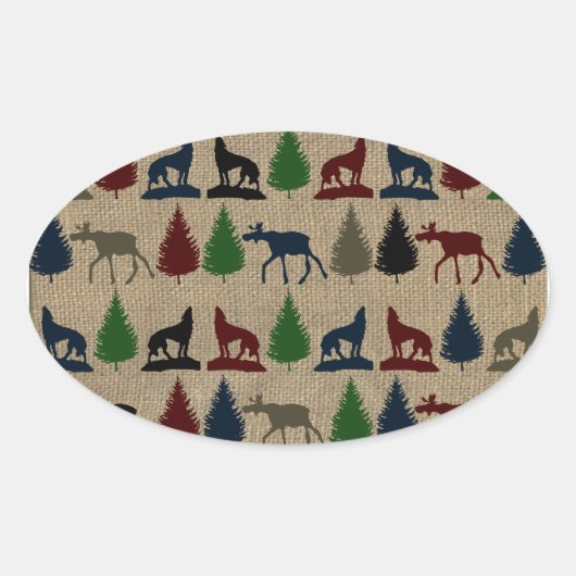 Elche Wolf Pine Tree Rustikaler Burlap Print Outdo Ovaler Aufkleber (Vorderseite)