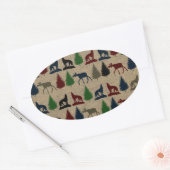 Elche Wolf Pine Tree Rustikaler Burlap Print Outdo Ovaler Aufkleber (Umschlag)