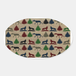 Elche Wolf Pine Tree Rustikaler Burlap Print Outdo Ovaler Aufkleber