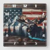 Elchköpfe gegen amerikanische Flagge und Berge Quadratische Wanduhr (Vorderseite)