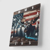 Elchköpfe gegen amerikanische Flagge und Berge Quadratische Wanduhr (Winkel)