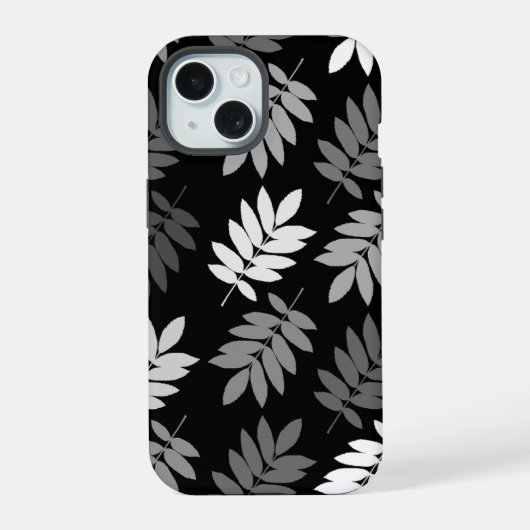 Elder Leaf Lg Muster Schwarz Weiß Grau iPhone 15 Hülle (Rückseite)