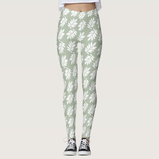 Elder Leaf Pattern White on Green Leggings (Vorderseite)