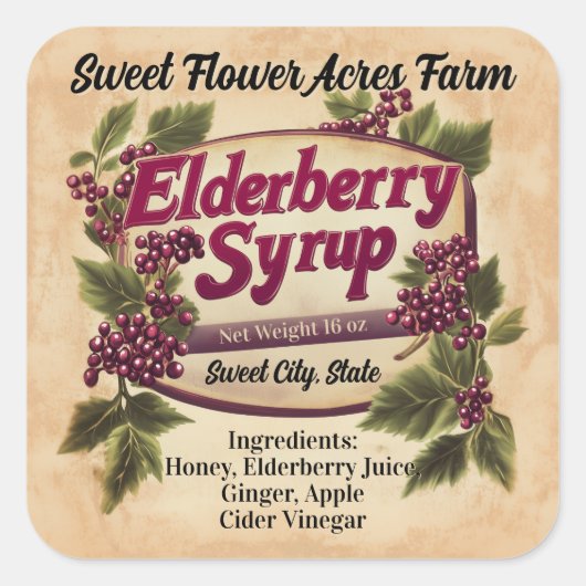 Elderberry Sirup Business Produkt Flaschenetikett Quadratischer Aufkleber (Vorderseite)