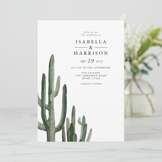 Eleanor - Minimal Saquaro Kactus Wüste Wedding in Einladung (Stehend Vorderseite)