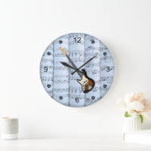 Elec Guitar ~ Rolled Sheet Music ~ Blue Tint Back~ Große Wanduhr (Zuhause)