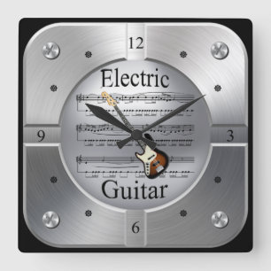 Elec Guitar~Sheet Music~Brushed Silver Color~ Quadratische Wanduhr