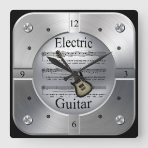 Elec Guitar~Sheet Music~Brushed Silver Color~ Quadratische Wanduhr