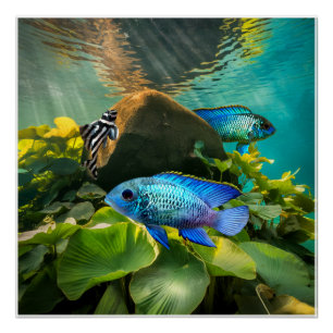 Electric Blue Acara Cichlids Zebra Pleco Fischkuns Poster